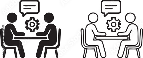 Business consultation vector icons, professional meeting and technical discussion symbols, people sitting at desk with gear and speech bubble