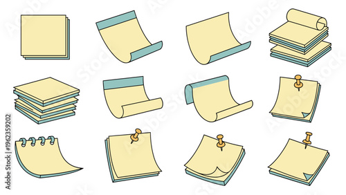 Collection of various yellow sticky notes, memo pads, and paper stacks shown with pins and in different states.