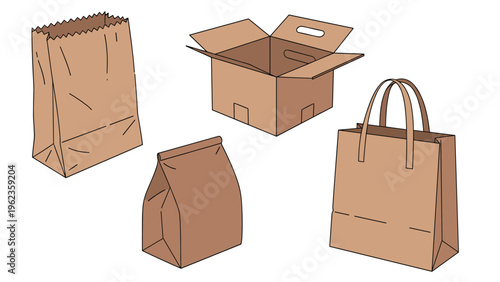 Collection of eco-friendly packaging items including various brown paper shopping bags and an open cardboard box.