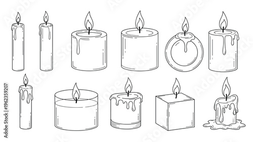 Collection of different styles of burning candles in various shapes and sizes shown as black and white line art.