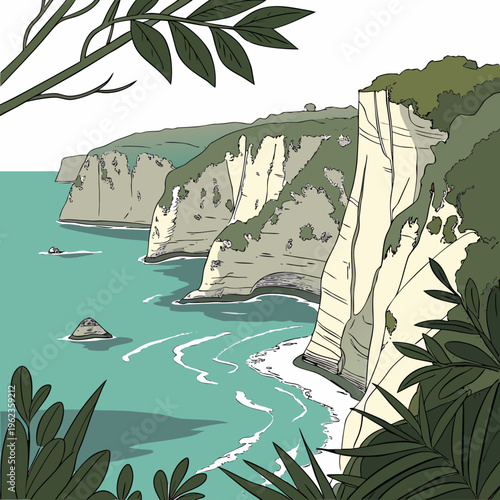 Illustration of a scenic cliffside with lush greenery and turquoise water on a sunny day with white waves crashing against the shore