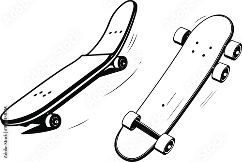 Skateboard with simple motion tilt effect, flat vector illustration, bold black outline, minimal line art, white background