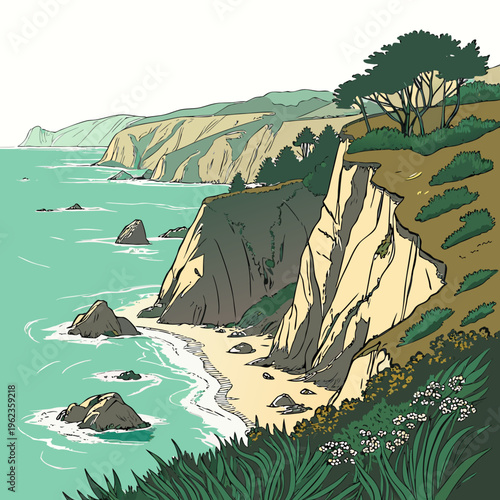 Illustration of a scenic coastal cliffside with lush greenery and turquoise water on a sunny day with sandy beach and rocks