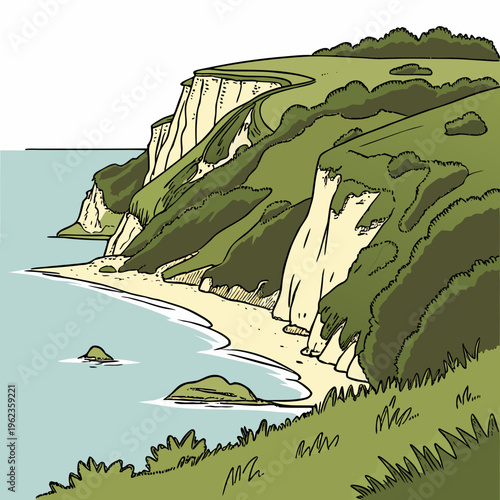 Illustration of a serene cliffside landscape with lush greenery and a sandy beach by the calm sea