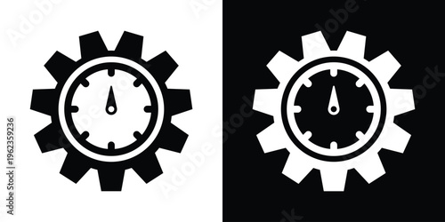 Gear with clock face dial icon. Minimalist vector illustration representing time management, system optimization, and technical performance. High-contrast black and white set.