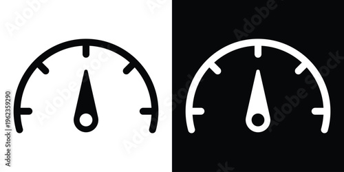 Minimalist speedometer or gauge icon set. Black and white vector illustrations featuring a circular dial with a needle pointer. Ideal for performance, speed, and measurement concepts.