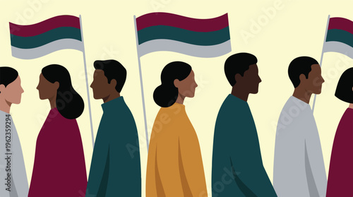 Diverse group of people standing together with symbolic identity flags
