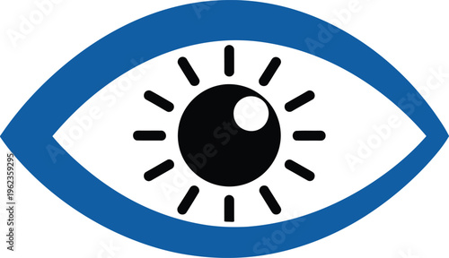 A stylized illustration of a human eye with blue outline and black iris