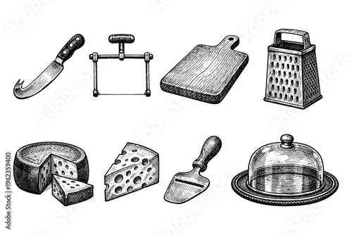 Collection of vintage cheese making and serving utensils in a sketch style