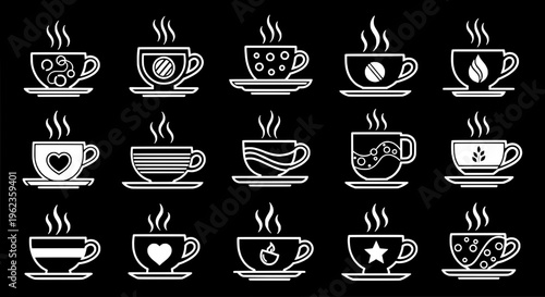 Cup coffee icon set with white steam rising on black background, various designs featuring hot, drink, beverage with tea and mug elements for