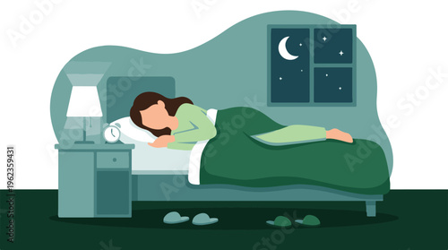 Woman sleeping comfortably in bed at night, healthy sleep concept