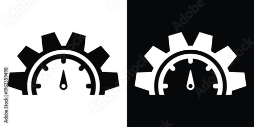 Gear with clock face dial icon. Minimalist vector illustration representing time management, system optimization, and technical performance. High-contrast black and white set.
