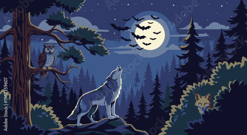 Lone wolf howling at the full moon night sky.