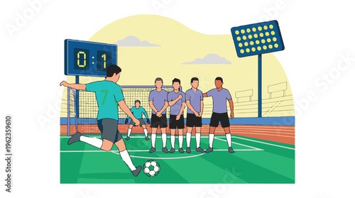 Football match scene with a player taking a free kick towards goal