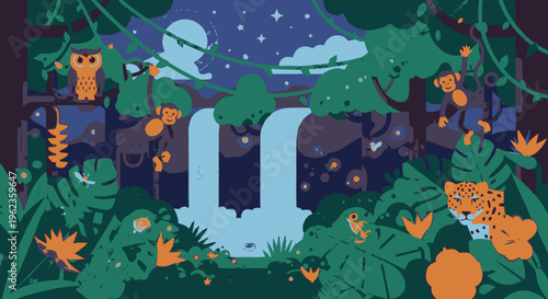 Majestic Jaguar and Owl in Lush Jungle Waterfall.