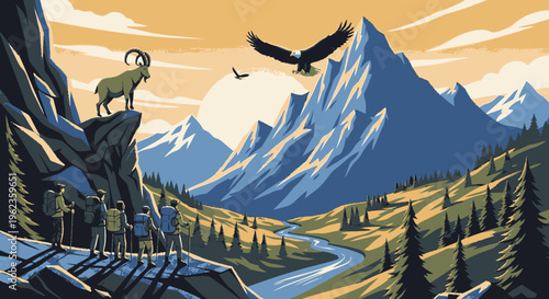 Majestic Ibex Stands Proudly on Rocky Outcrop Overlooking Mountain Valley.