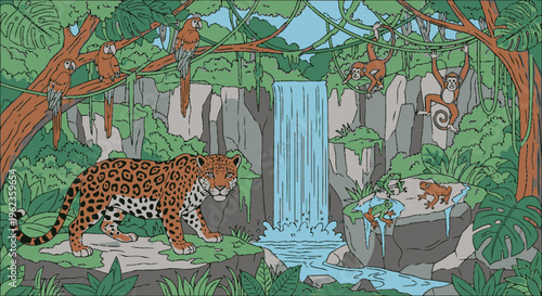 Majestic Leopard Walking Gracefully in Lush Jungle Environment.