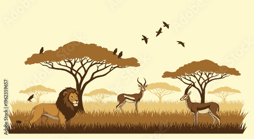 Majestic Lion and Antelopes in African Savannah Landscape.