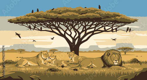Majestic Lion Family Resting Under Acacia Tree in African Savannah.