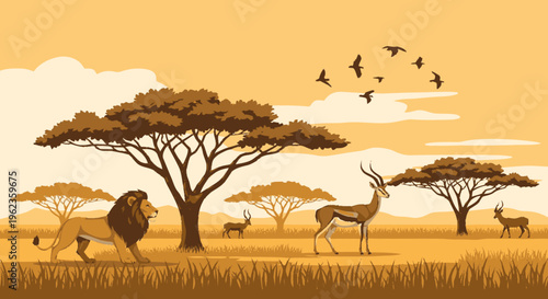 Majestic Lion and Graceful Antelope in African Savannah Landscape.
