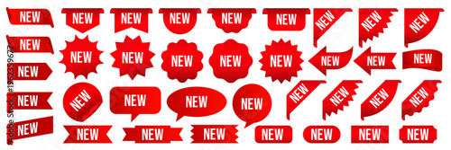 New arrival tag, sticker, logo, label, badge, symbol, sign, symbol, emblem, stamp, banner, flat vector. Price box, starburst, promotion, sale, sunburst, bonus, special offer, red ribbons, best choice.