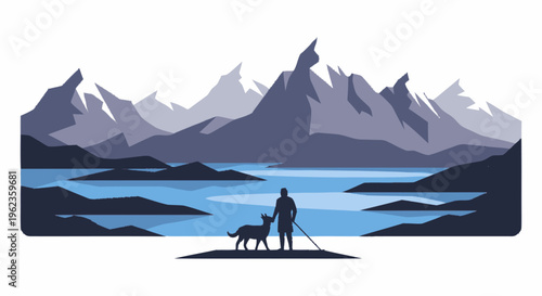 Man and Dog Standing on Shoreline with Mountains Behind.