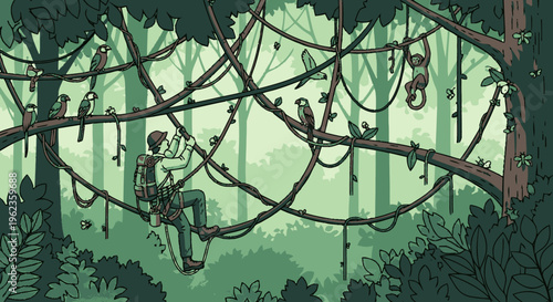 Man climbing through dense jungle vines.