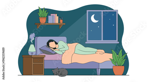 Peaceful night sleep in a cozy bedroom with a woman, cat, and humidifier
