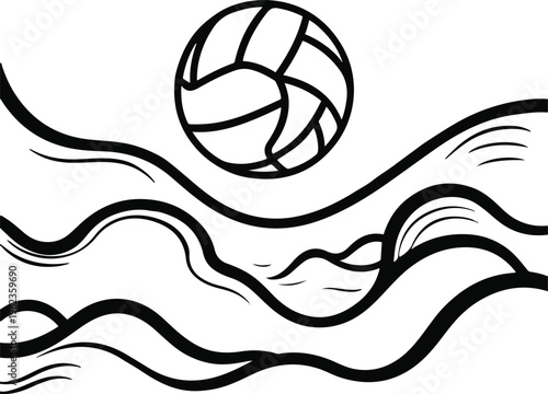 Water polo ball floating on wave shape, flat vector illustration, bold thick black outline, minimal shapes, white background 1
