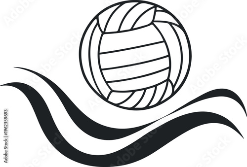Water polo ball floating on wave shape, flat vector illustration, bold thick black outline, minimal shapes, white background 2