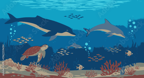 Marine Life Underwater Scene with Dolphin Turtle and Orca.