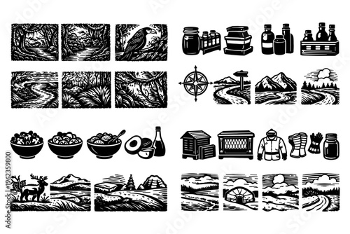 Collection of black and white illustrations depicting nature and objects