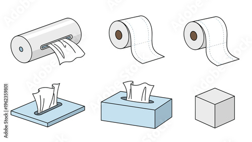 Selection of bathroom hygiene products featuring rolls of toilet paper and soft facial tissue boxes on a white background.