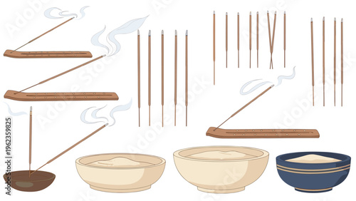 Assortment of aromatic incense sticks with wooden holders and ceramic bowls containing powder for meditation or spiritual use.