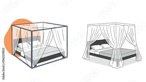 Four-poster bed designs with decorative mosquito netting shown in both colored and line art versions for interior concept.