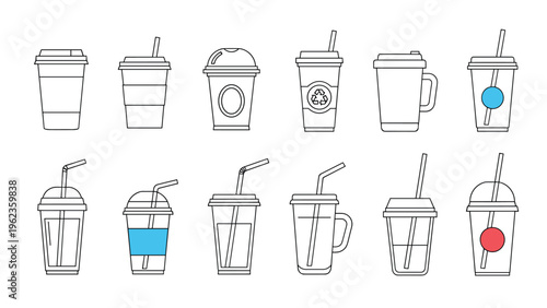 Disposable beverage containers collection showing various styles of plastic and paper cups with lids and drinking straws.