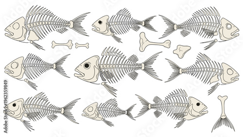 Detailed skeletal structures of various fish species and isolated bone fragments presented in a scientific illustration style.