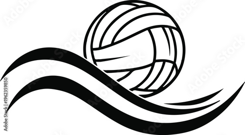 Water polo ball floating on wave shape, flat vector illustration, bold thick black outline, minimal shapes, white background