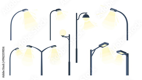 Modern street lamp designs with glowing light beams suitable for urban planning and architectural lighting visualizations.