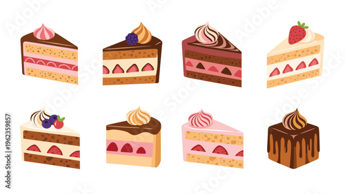 Delicious assortment of cake slices featuring various layers of cream, sponge, and fruit toppings like strawberries and berries.