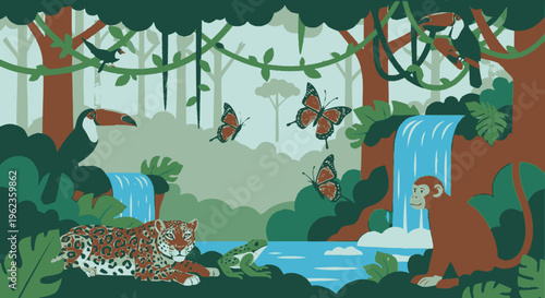 Vibrant Jungle Scene with Exotic Animals and Waterfalls.