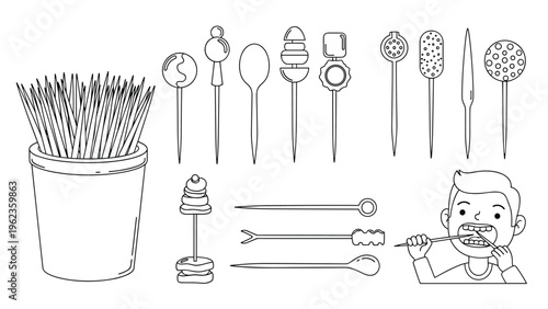 Comprehensive collection of toothpick and cocktail pick designs includes a person demonstrating dental hygiene with a simple pick.