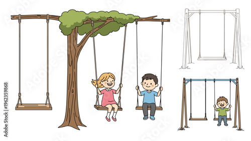 Happy children play on different types of swings including a tire swing on a tree and traditional metal frames in outdoor playground scenes.