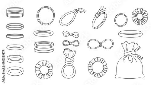 Collection of hair accessories including elastic bands ties scrunchies and a drawstring pouch is presented in a clean line art style.