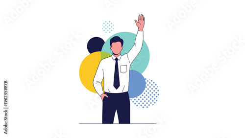 Confident businessman raises his hand against an abstract background of colorful circles to ask a question or volunteer for a task.