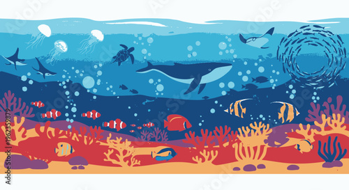 Vibrant Underwater Coral Reef Ecosystem with Diverse Marine Life.