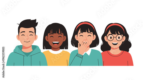 Group of four diverse and happy young people smile and laugh together representing friendship and youth in a vibrant flat color style.