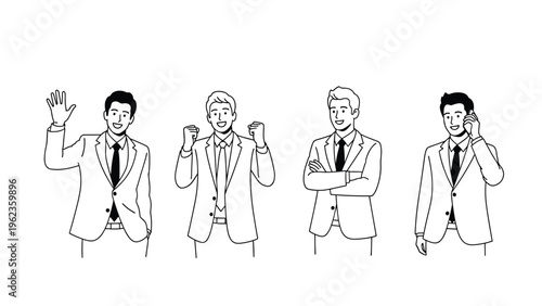 Set of businessmen in suits is depicted in black and white line art demonstrating activities like waving cheering and calling.