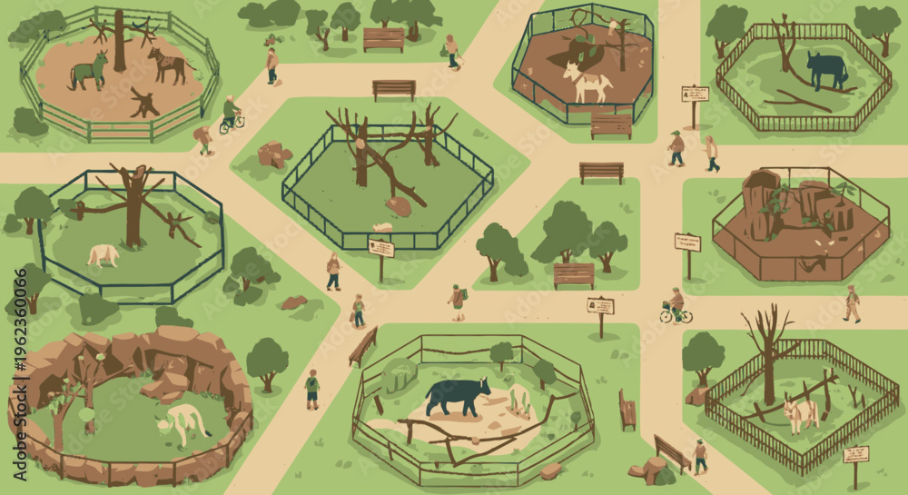 Fototapeta premium Zoo Animals in Enclosures with Visitors Observing.