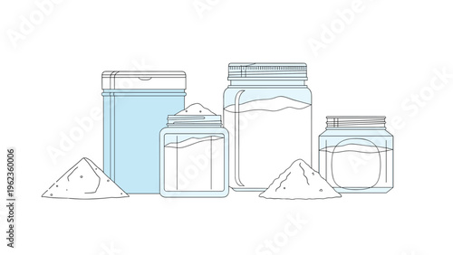 Glass jars and containers filled with white powder next to small heaps of the substance likely representing salt sugar or flour.